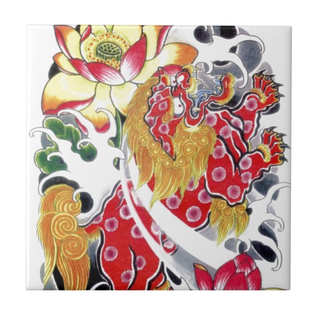 Azulejo De Cerâmica Foto Cão e Lotus Tattoo Design (Frente)