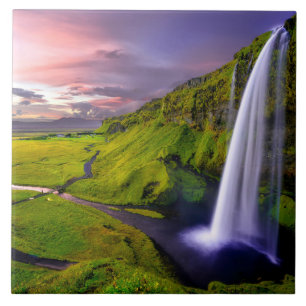 Azulejo De Cerâmica Foto da Cachoeira Islandesa Verde Natureza