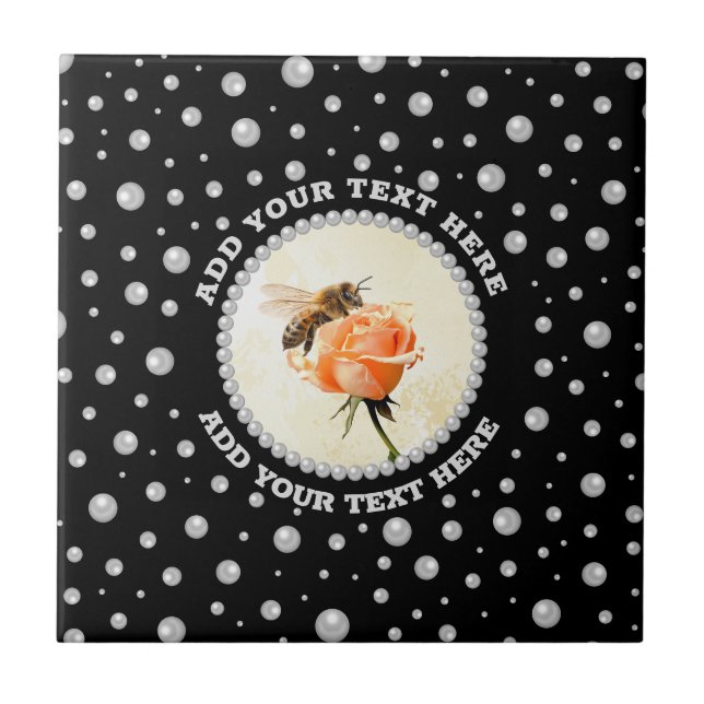 Azulejo De Cerâmica Foto Personalizada com Círculo de Pérolas em Preto (Frente)