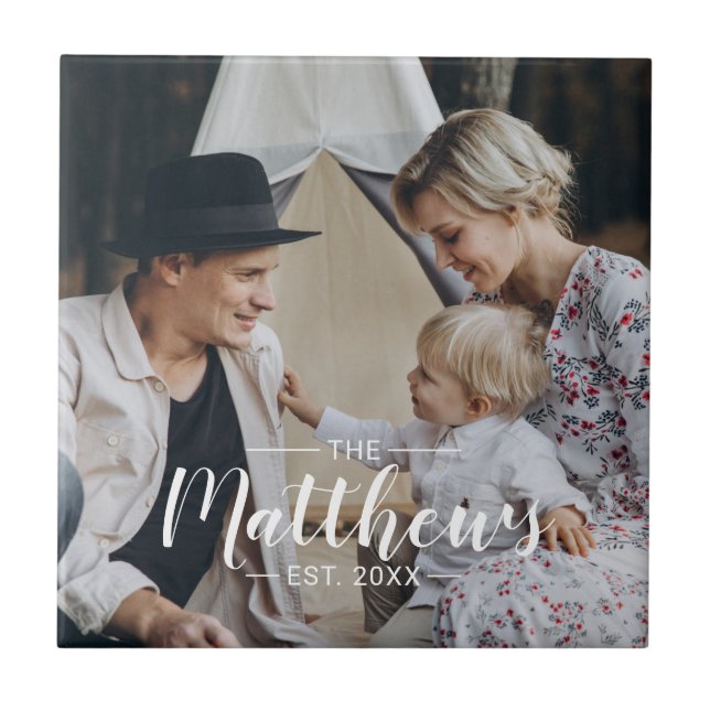 Azulejo De Cerâmica Foto personalizada com nome de família e ano estab (Frente)