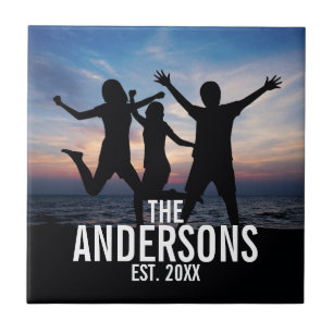 Azulejo De Cerâmica Foto personalizada da família com nome da família