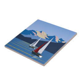 Azulejo De Cerâmica Fotografia de veleiros e montanhas