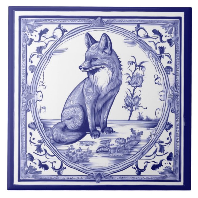 Azulejo De Cerâmica Fox Blue and White Asian Style Folk Animal Art (Frente)