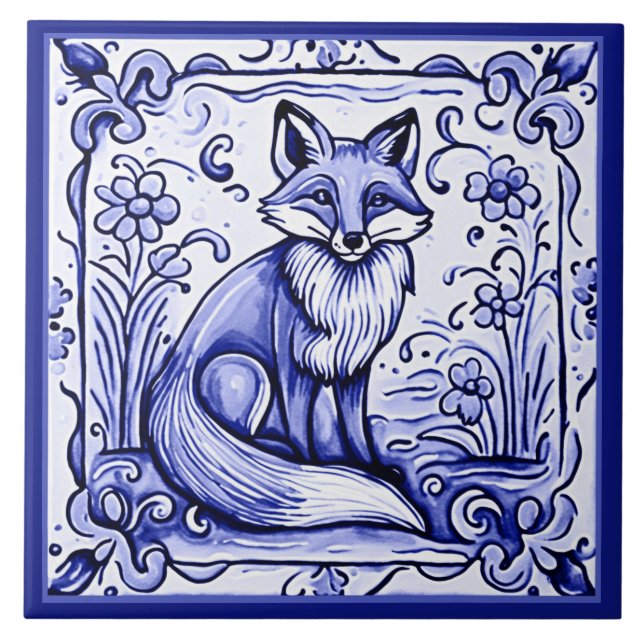 Azulejo De Cerâmica Fox Blue and White Mediterranean Foley Art (Frente)