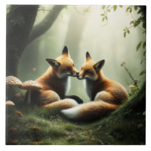 Azulejo De Cerâmica Fox Cuddle in Misty Forest