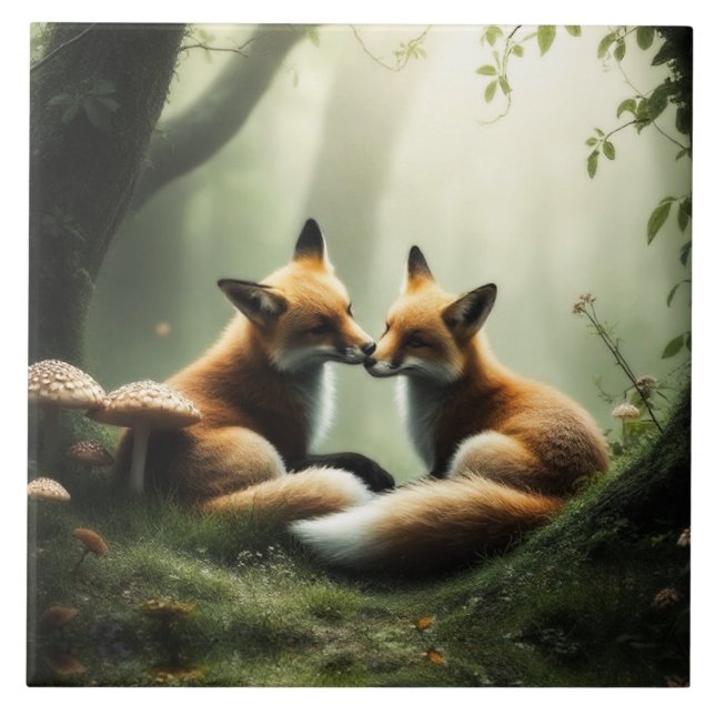 Azulejo De Cerâmica Fox Cuddle in Misty Forest (Frente)