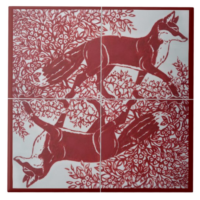 Azulejo De Cerâmica Fox Dark Red White Illustration CerâmicaTile Mural (Frente)