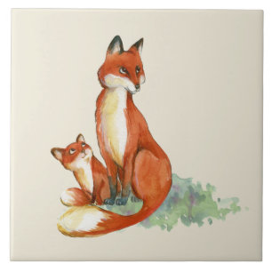 Azulejo De Cerâmica Fox de Momma e ilustração da aguarela do bebê