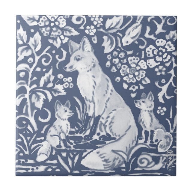 Azulejo De Cerâmica Fox Family Blue Woodland Forest Denim (Frente)