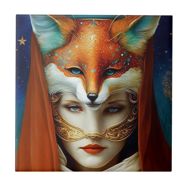 Azulejo De Cerâmica Fox Mulher Surreal Fantasy Art (Frente)