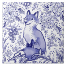 Fox Woodland Floral Blue Folk Nórdico Desenho 