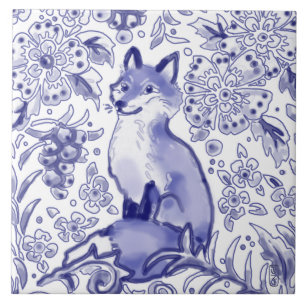 Azulejo De Cerâmica Fox Woodland Floral Blue Folk Nórdico Desenho