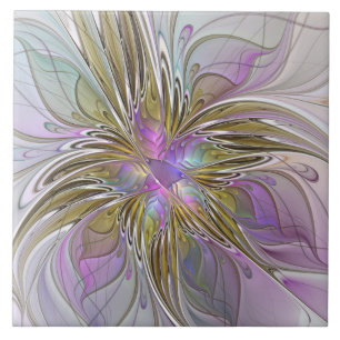 Azulejo De Cerâmica Fractal Abstrato Colorida Floral, Rosa E Dourada