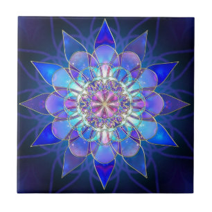 Azulejo De Cerâmica Fractal azul da mandala da flor