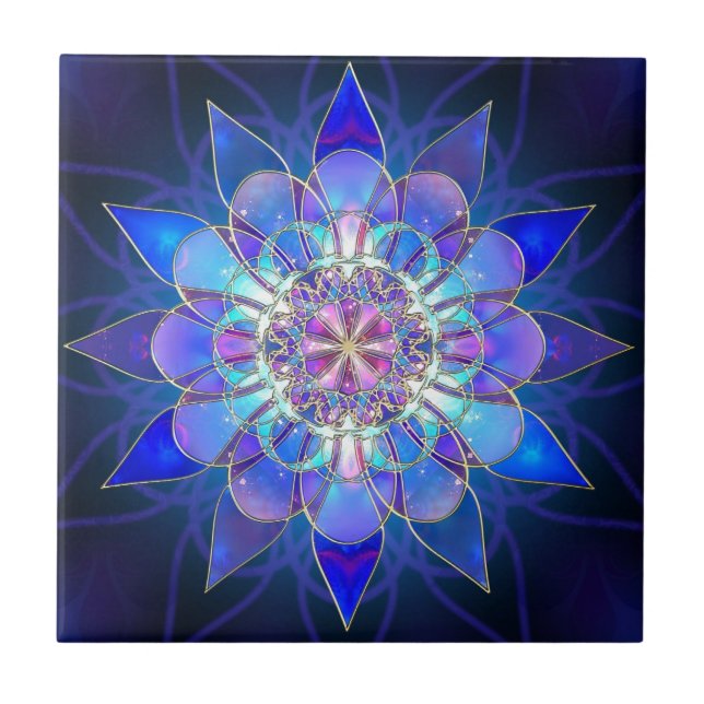 Azulejo De Cerâmica Fractal azul da mandala da flor (Frente)