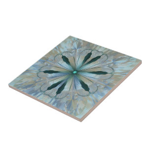 Azulejo De Cerâmica Fractal Azul Flor Azul De Prata abstrato Teal