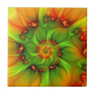 Azulejo De Cerâmica Fractal cor-de-laranja verde de Verão quente