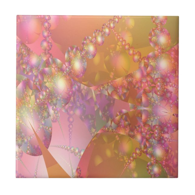 Azulejo De Cerâmica Fractal de bolha cor-de-rosa e laranja (Frente)