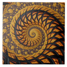 Azulejo De Cerâmica Fractal Espiral abstrato preto e Dourado