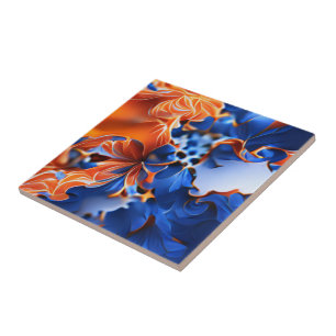 Azulejo De Cerâmica Fractal Floral Laranja e Azul