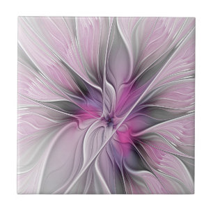 Azulejo De Cerâmica Fractal Fractal Moderna Abstrato com Cinza Rosa Fl