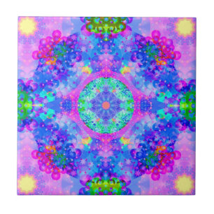 Azulejo De Cerâmica Fractal roxo e verde do caleidoscópio