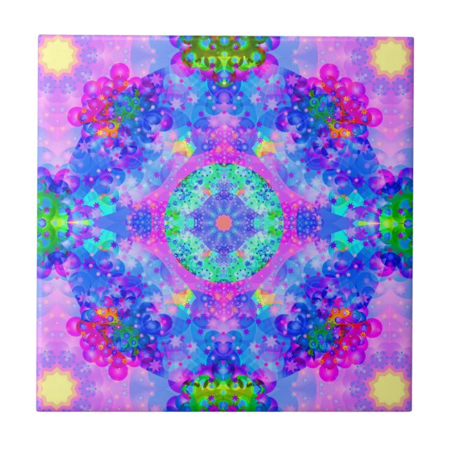 Azulejo De Cerâmica Fractal roxo e verde do caleidoscópio (Frente)