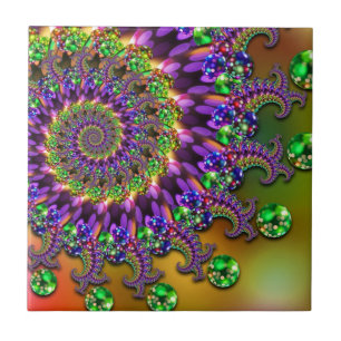 Azulejo De Cerâmica Fractal roxo & verde de Bokeh