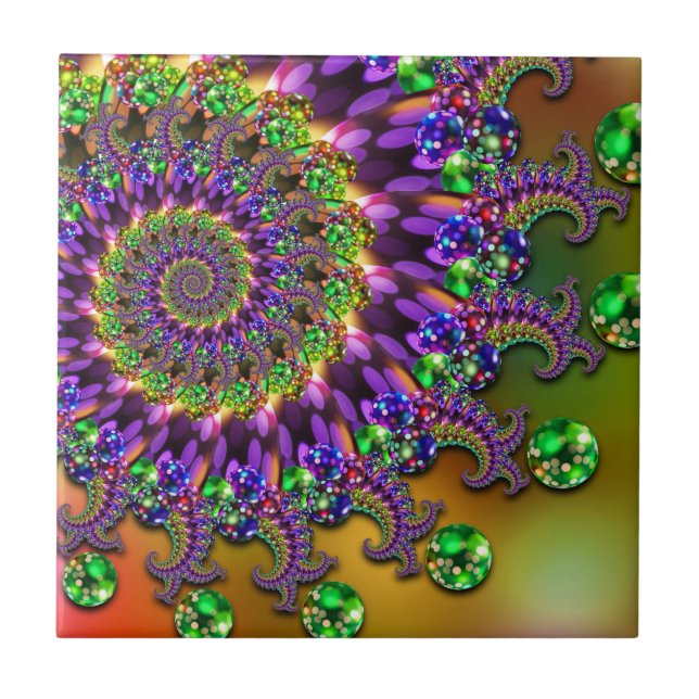 Azulejo De Cerâmica Fractal roxo & verde de Bokeh (Frente)