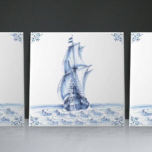Azulejo De Cerâmica Fragata Escuna de Estilo Holandês Azul de Delft Ba