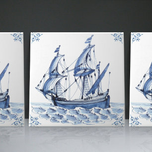 Azulejo De Cerâmica Fragata Escuna de Estilo Holandês Azul de Delft Ba