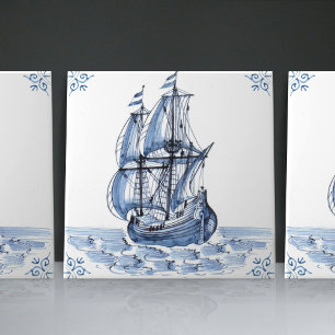Azulejo De Cerâmica Fragata Escuna de Estilo Holandês Azul de Delft Ba