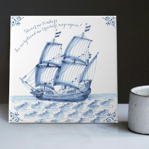 Azulejo De Cerâmica Fragata Escuna de estilo holandês Delft Blue Sail