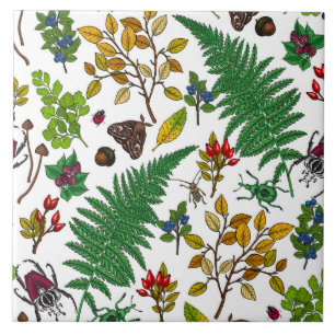 Azulejo De Cerâmica Framboesas, folhas e insetos em branco