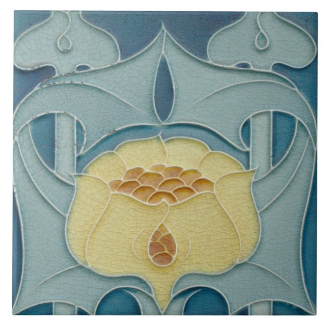 Azulejo De Cerâmica Francês Floral Maroon Art Nouveau Aqua Blue (Frente)