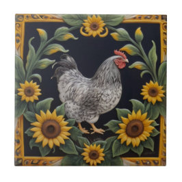 Azulejo De Cerâmica Frango de Girassol - Galinha Cinza e Girassóis