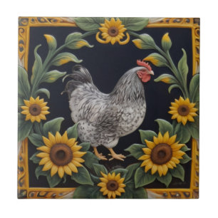 Azulejo De Cerâmica Frango de Girassol - Galinha Cinza e Girassóis
