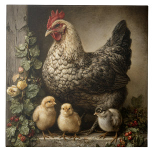 Azulejo De Cerâmica Frango Rústico com Pintinhos