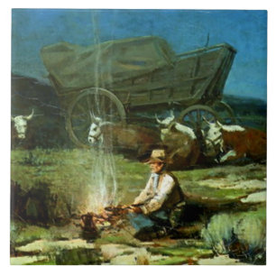 Azulejo De Cerâmica Frank Tenney Johnson Arte Ocidental "Noite Solitár