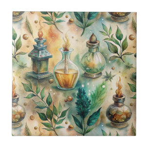 Azulejo De Cerâmica Frascos Antigos de Poção Verde Âmbar Botânico