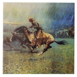Azulejo De Cerâmica Frederic Remington Western Art "The Stampede"