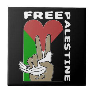 Azulejo De Cerâmica Free Palestine Dove Heart Peace Sign Black