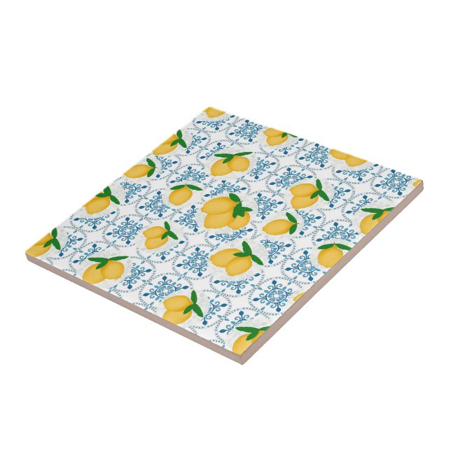 Azulejo De Cerâmica French Country Lemon Blue Floral Tile Pattern (Lateral)