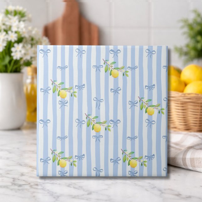 Azulejo De Cerâmica French Country Lemon  – Blue Stripe Bow (Criador carregado)
