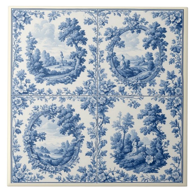 Azulejo De Cerâmica French Toile De Juoy Pastoral Rustic Country Blue  (Frente)