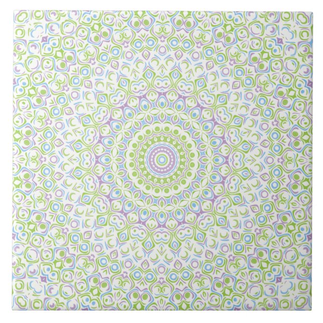Azulejo De Cerâmica Fresh Spring Mandala in Green, Blue, and Lavender (Frente)