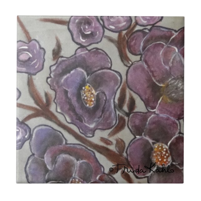 Azulejo De Cerâmica Frida Kahlo pintou flores (Frente)