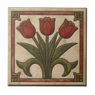Azulejo De Cerâmica Frieza de Tulipa Vermelha em Estilo Missão Vintage