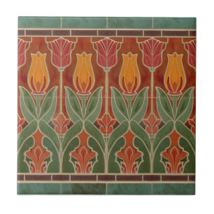 Azulejo De Cerâmica Frieza de Tulipa Vermelha em Estilo Missão Vintage
