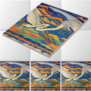 Azulejo De Cerâmica Friso de Flamingos Voadores Art Nouveau Retro